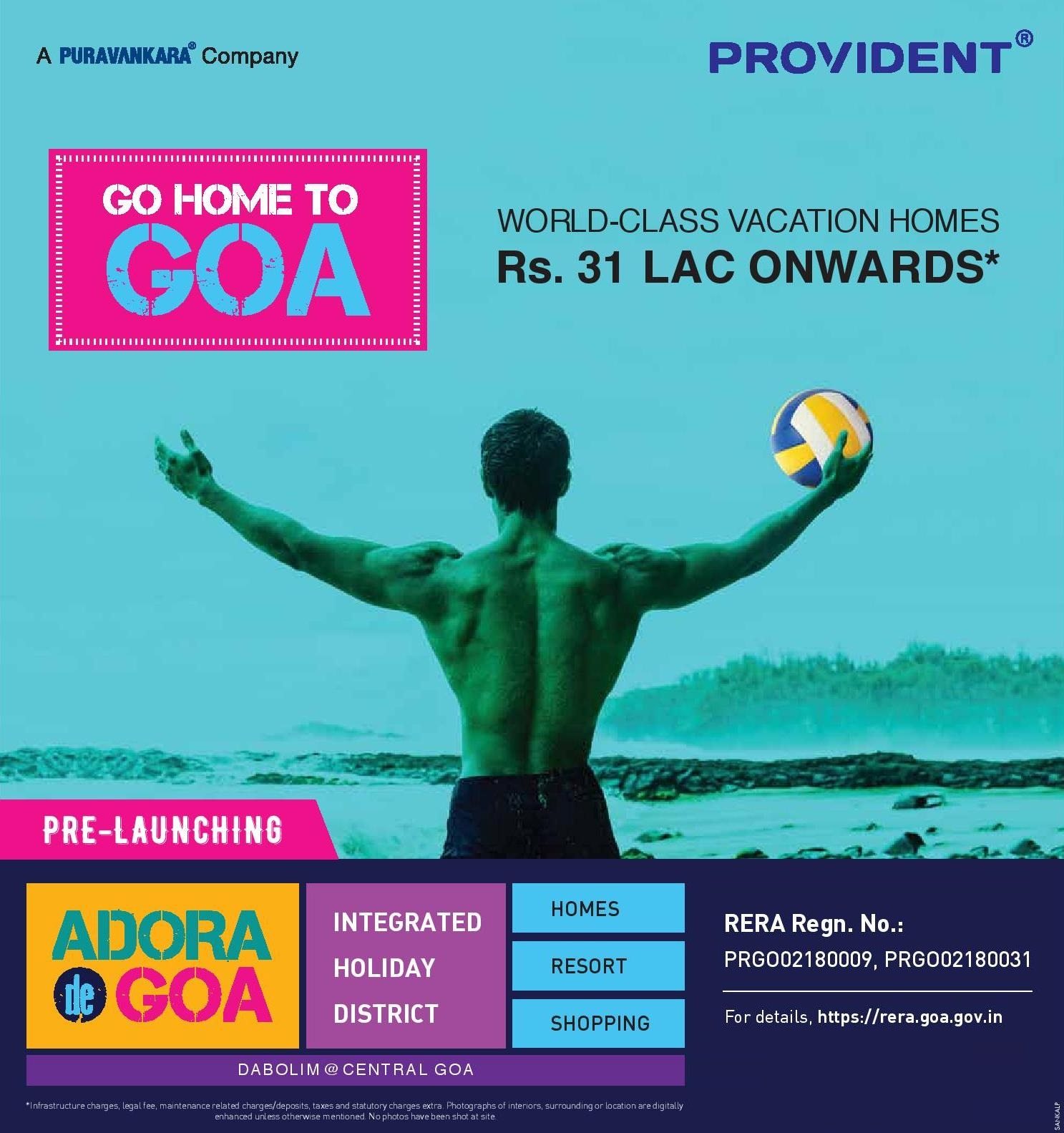 World Class Vacation Homes for 31 Lacs at Provident Adora De Goa